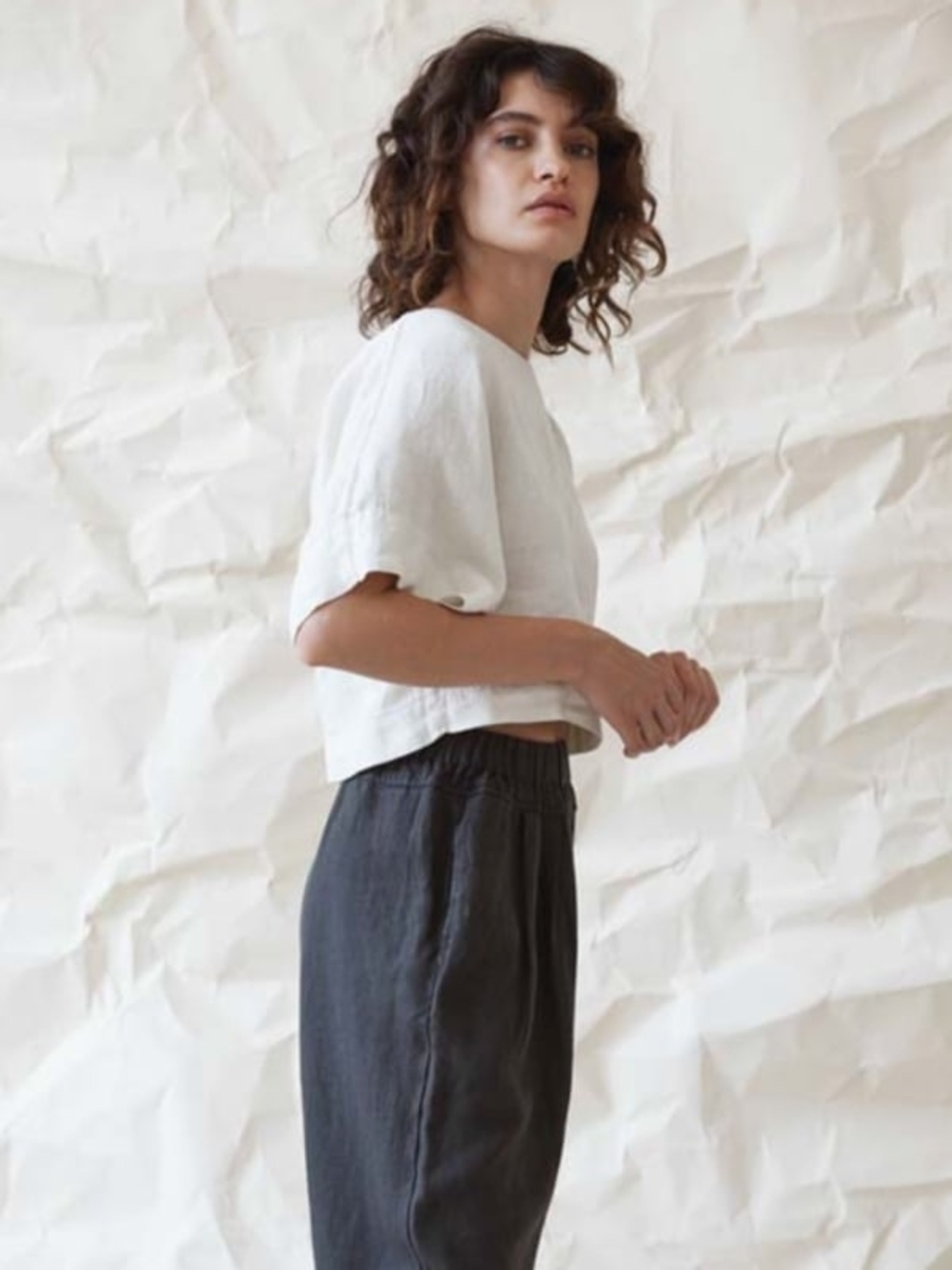 Black Crane Cream White Cropped Linen Top - Lightweight Women's Crop Top XS